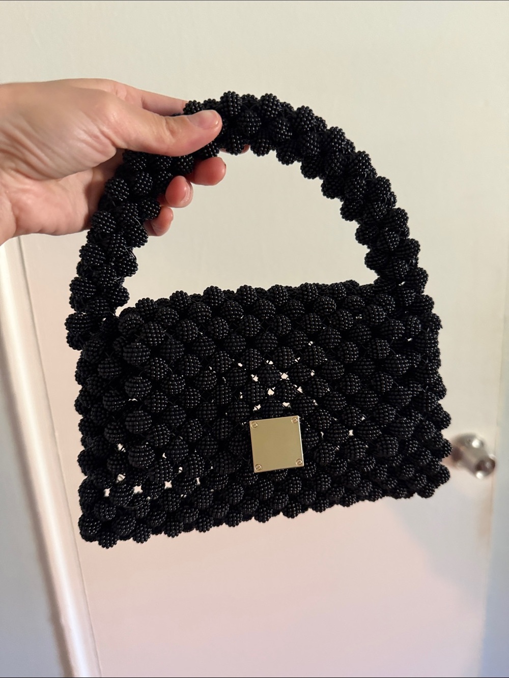 Black Beaded Shoulder Bag with Gold Accent